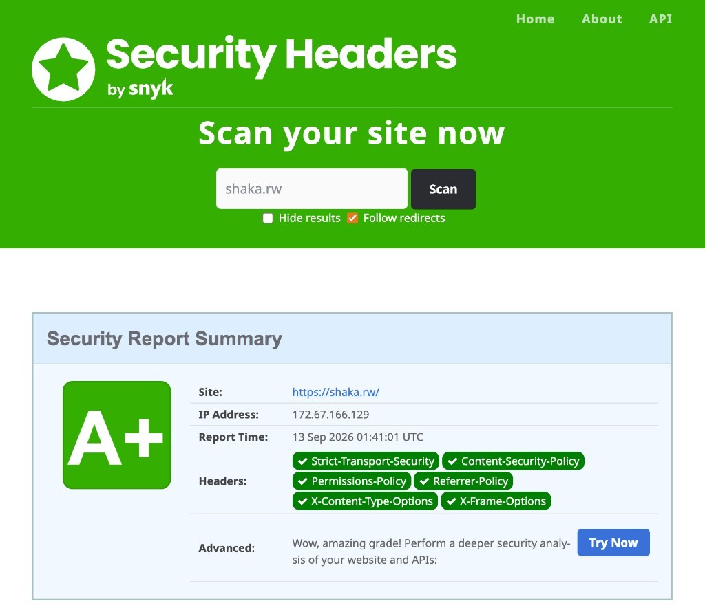 Rapport Security Headers by Snyk pour shaka.rw : note A+ avec HSTS, CSP, Permissions-Policy, Referrer-Policy, X-Content-Type-Options et X-Frame-Options.