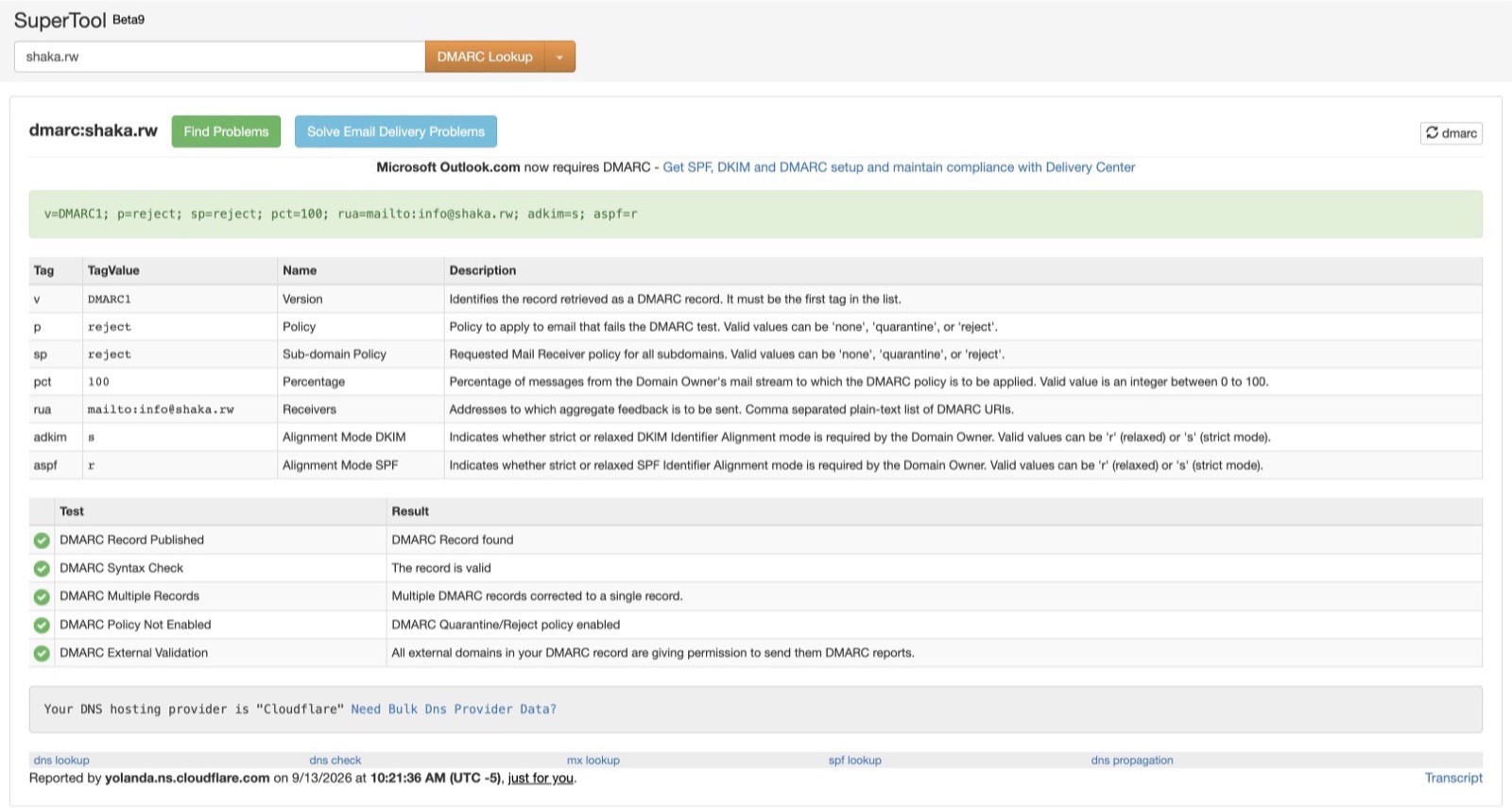 Rapport DMARC MxToolbox pour shaka.rw : enregistrement publié avec p=reject, syntaxe valide, un seul enregistrement et les cinq vérifications réussies.